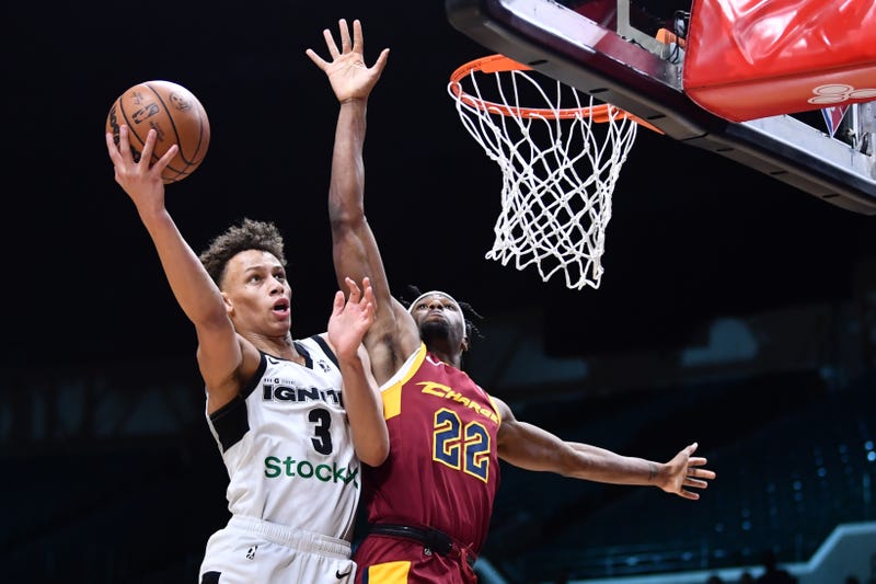 G League Ignite guard Dyson Daniels (3) drives to the basket against Cleveland Charge guard R.J. Nembhard (22) during the second half of the NBA G League Next Gem Game at the Wolstein Center.