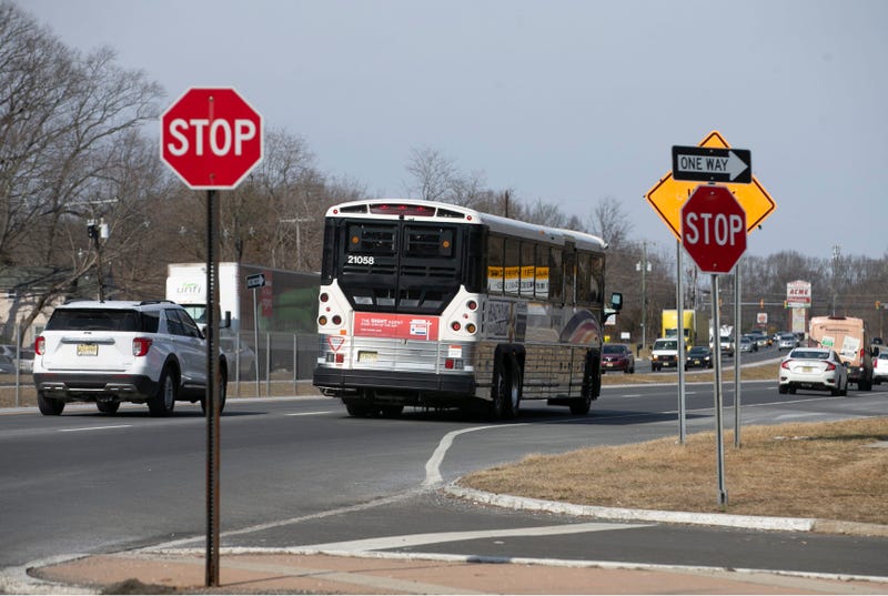 A NJ Transit bus makes its way along Route 9 in Howell, New Jersey, on Wednesday, February 16, 2022.