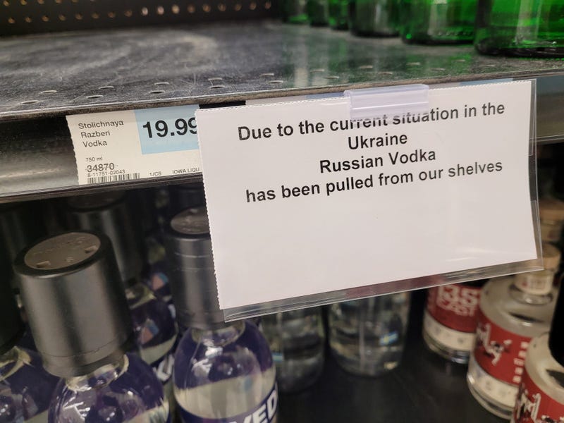 A shelf tag at the Windsor Heights Hy-Vee, where Russian vodka had been removed from the liquor department.