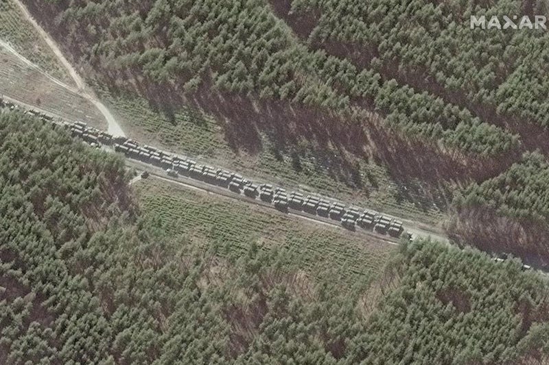 satellite image of the Russian convoy stalled in Ukraine