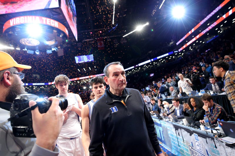 Duke Blue Devils head coach Mike Krzyzewski walks off the court after losing to the Virginia Tech Hokies 82-67 in the ACC Men's Basketball Tournament final at Barclays Center.