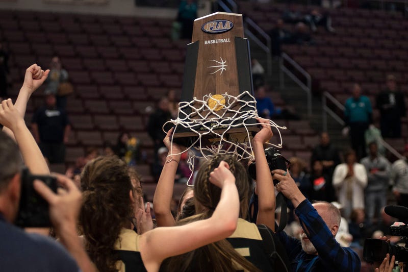 Archbishop Wood girls basketball team cheers after winning the state title at Giant Center in Hershey on Thursday,