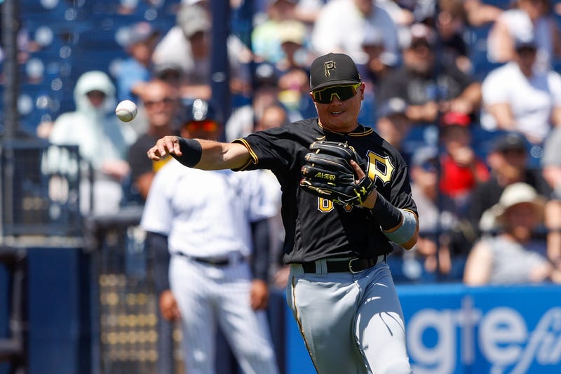Pittsburgh Pirates shortstop Diego Castillo (64) throws to first for an out in the third inning against the New York Yankees