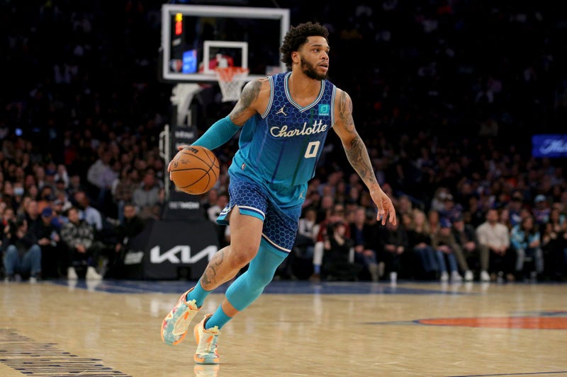 Mar 30, 2022; New York, New York, USA; Charlotte Hornets forward Miles Bridges (0) brings the ball up court against the New York Knicks during the second quarter at Madison Square Garden.