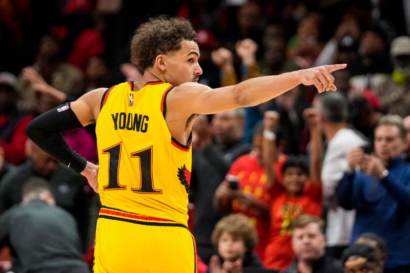 Apr 2, 2022; Atlanta, Georgia, USA; Atlanta Hawks guard Trae Young (11) reacts after the Hawks defeated the Brooklyn Nets at State Farm Arena.