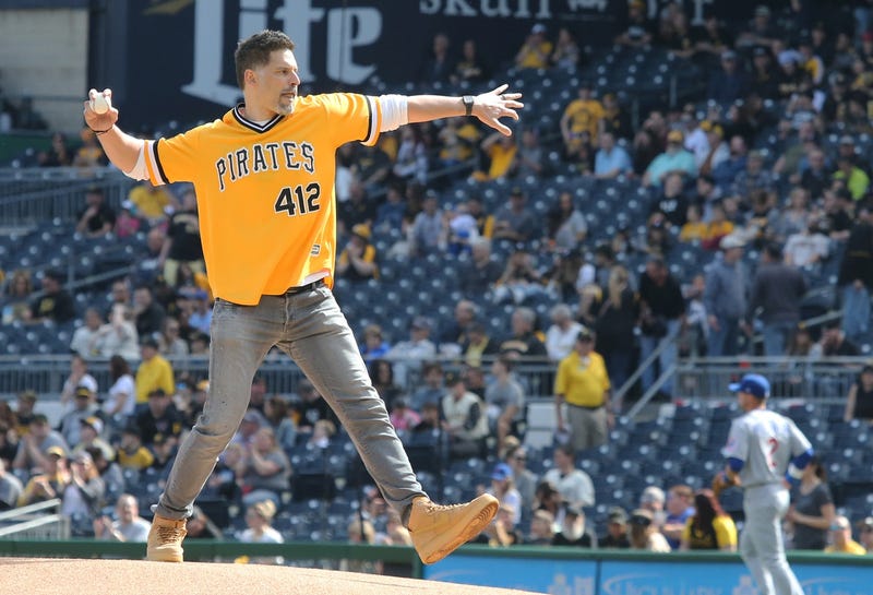 Apr 12, 2022; Pittsburgh, Pennsylvania, USA; Motion picture actor Joe Manganiello throws out a ceremonial first pitch