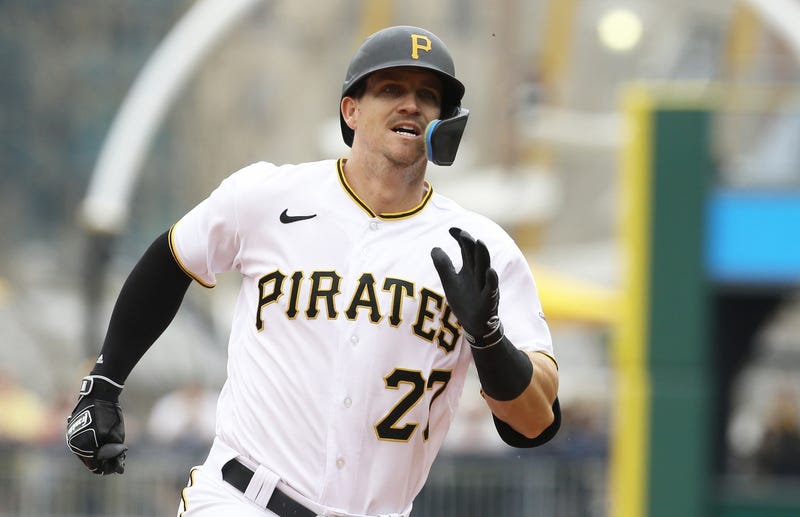 Pittsburgh Pirates shortstop Kevin Newman (27) runs third base with a two run triple against the Chicago Cubs