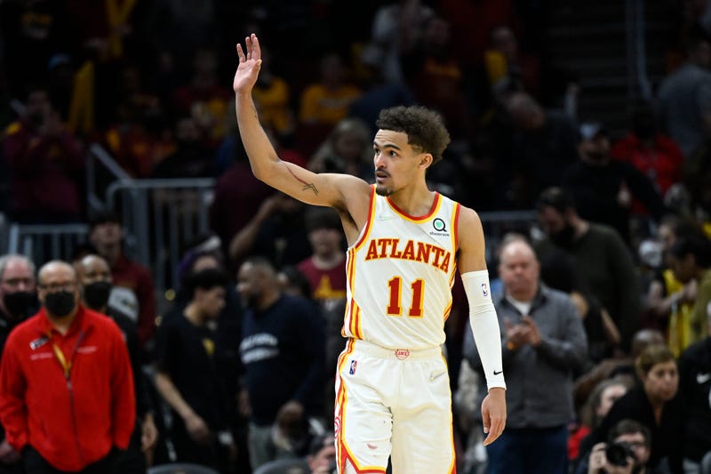 Apr 15, 2022; Cleveland, Ohio, USA; Atlanta Hawks guard Trae Young (11) waves to fans after a win against the Cleveland Cavaliers at Rocket Mortgage FieldHouse. 