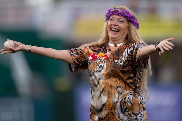 Carole Baskin reacts after throwing the first pitch of the Single-A MiLB game between the Jupiter Hammerheads and Fort Myers Might Mussels