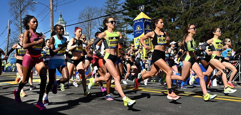 The women's elite field begins the Boston Marathon