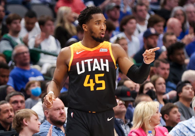Apr 18, 2022; Dallas, Texas, USA; Utah Jazz guard Donovan Mitchell (45) reacts against the Dallas Mavericks during the second quarter in game two of the first round of the 2022 NBA playoffs at American Airlines Center.