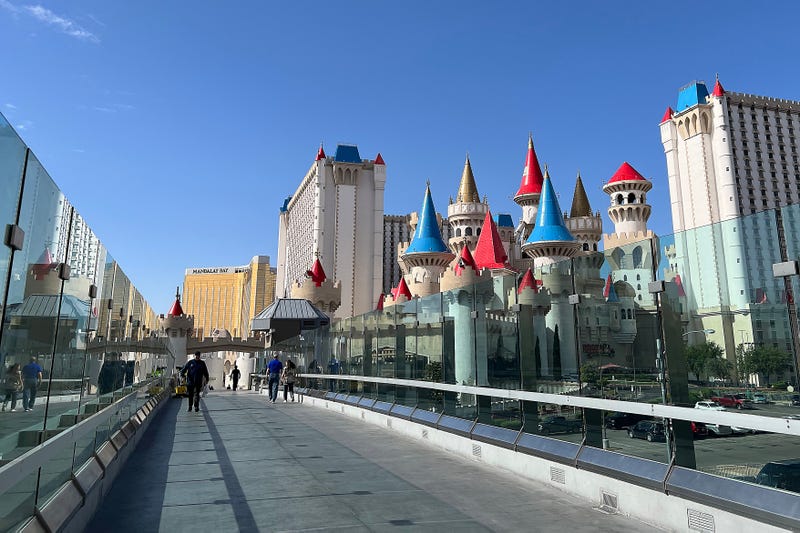 Pedestrian bridge leading to Excalibur hotel pictured on the Las Vegas Strip.