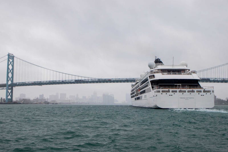 Viking Octantis cruise ship near the Ambassador Bridge on the Detroit River