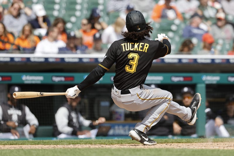; Pittsburgh Pirates shortstop Cole Tucker (3) loses his balance as he strikes out in the seventh inning