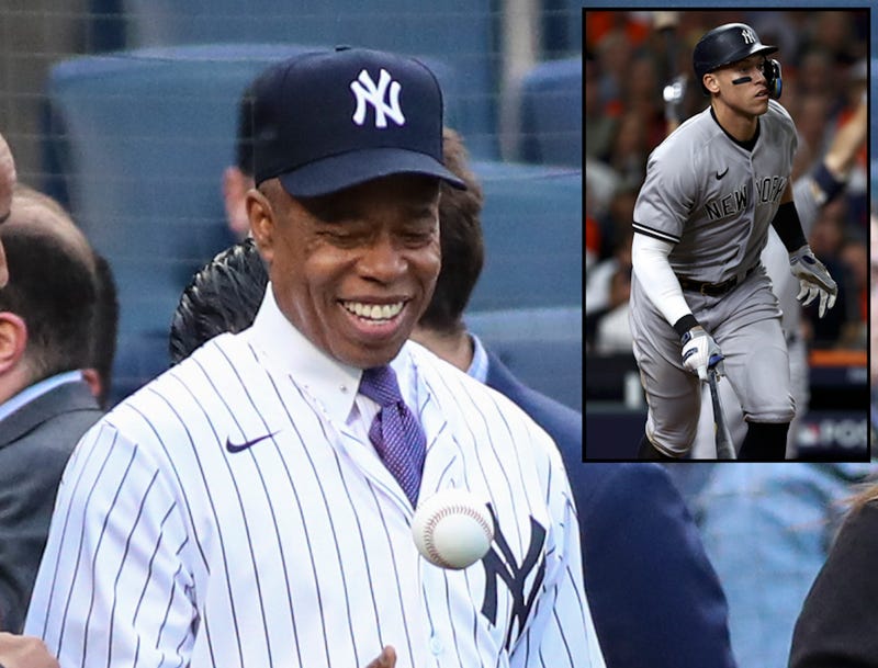 New York City Mayor Eric Adams prepares to throw out the first pitch prior to a game between the Toronto Blue Jays and the New York Yankees at Yankee Stadium on May 10, 2022; Bronx, New York, USA/Aaron Judge #99 of the New York Yankees hits a fly ball against the Houston Astros during the eighth inning in game two of the American League Championship Series at Minute Maid Park on October 20, 2022 in Houston, Texas.