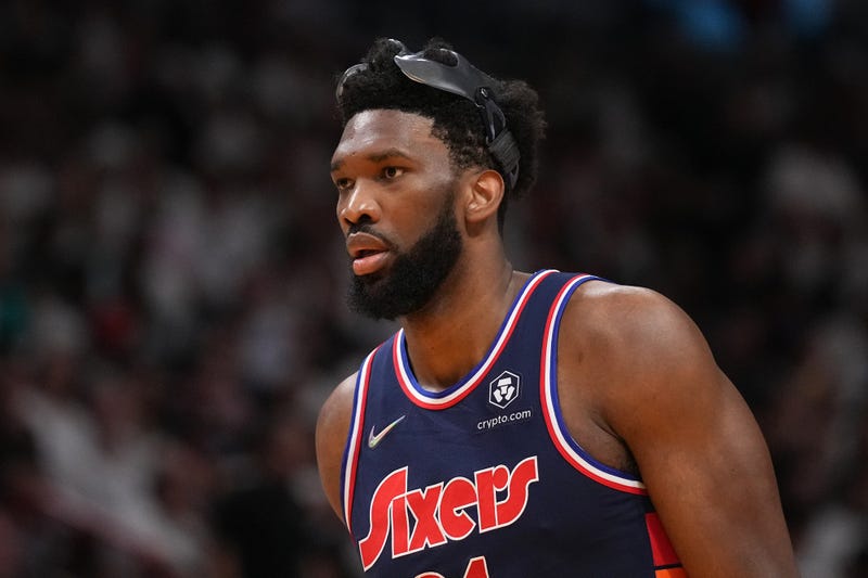 Philadelphia 76ers center Joel Embiid (21) stands on the court during the first half in Game 5 of the second round for the 2022 NBA playoffs against the Miami Heat at FTX Arena, May 10, 2022, Miami, Florida.