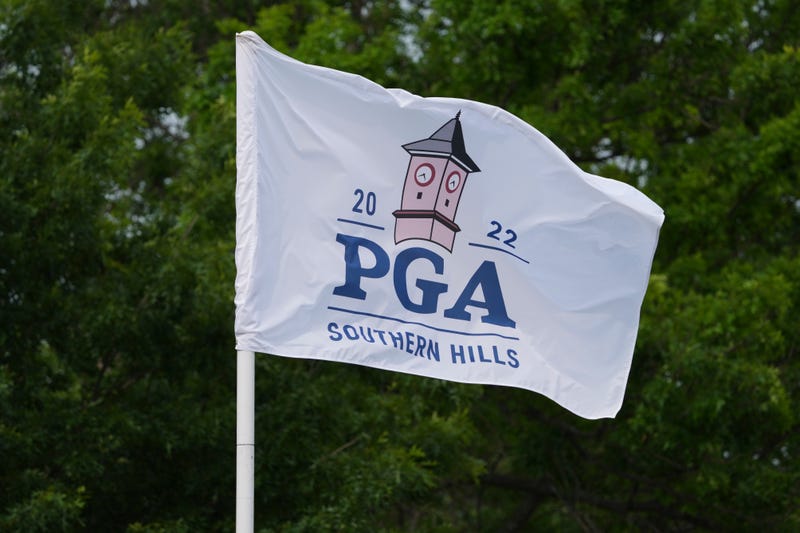 Flag over the golf course during a practice round for the PGA Championship golf tournament at Southern Hills Country Club.