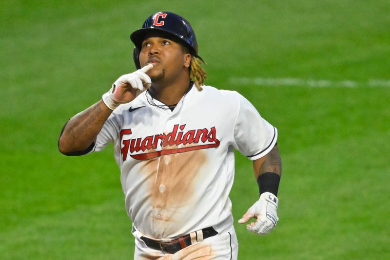 Cleveland Guardians third baseman Jose Ramirez (11) celebrates his three-run home run in the sixth inning against the Detroit Tigers at Progressive Field.