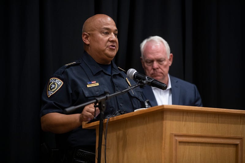 May 24, 2022; Uvalde, TX, USA; Uvalde police chief Pete Arredondo speaks at a press conference following the shooting at Robb Elementary School in Uvalde, Texas on Tuesday, May 24, 2022.
