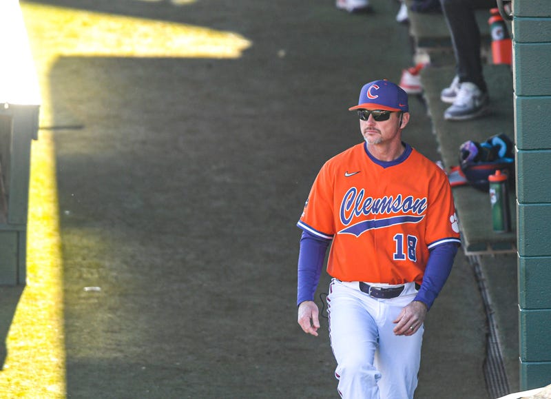 Clemson Head Coach Monte Lee during the bottom of the second inning at Doug Kingsmore Stadium in Clemson Friday, Feb 18, 2022. 