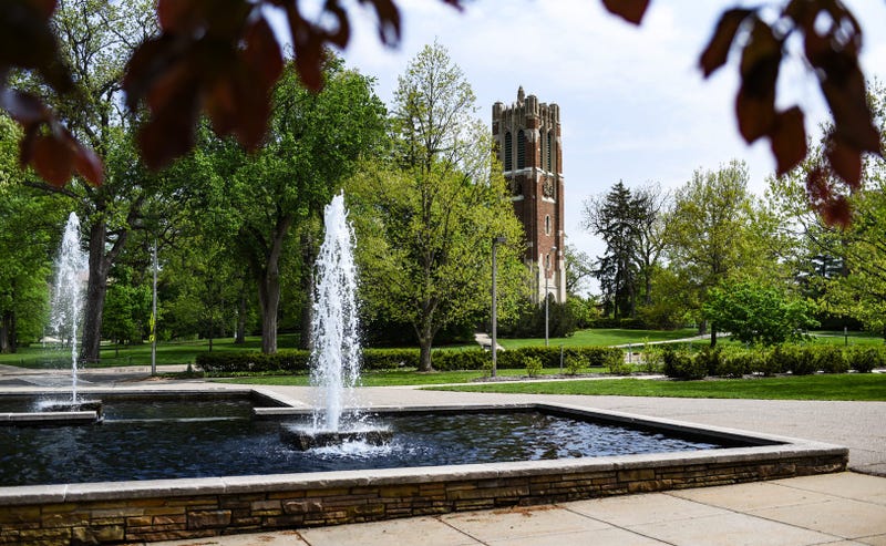 The water fountains in front of the MSU Library and Beaumont Tower on the campus of Michigan State University.