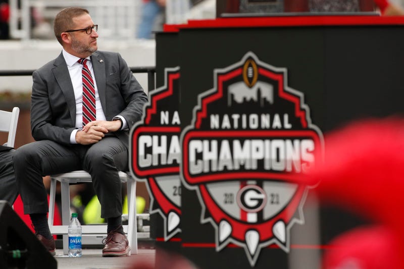 Georgia Director of Athletics Josh Brooks looks on during the national championship celebration at Sanford Stadium in Athens, Ga., on Saturday, Jan. 15, 2022