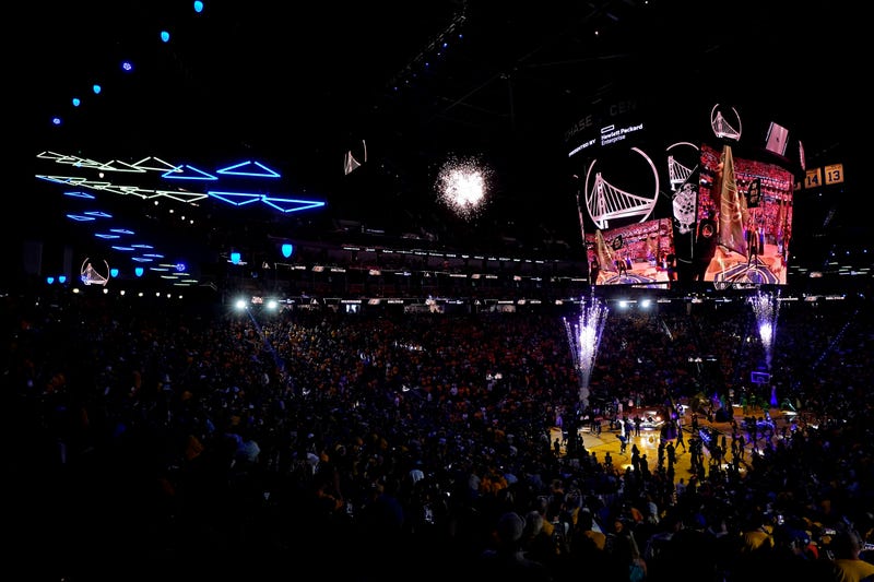 An overall view of the court during the national anthem in game five of the 2022 NBA Finals between the Golden State Warriors and the Boston Celtics at Chase Center. 