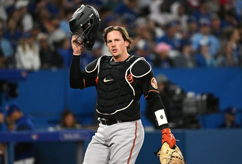dley Rutschman (35) prepares for play to begin in the ninth inning against the Toronto Blue Jays at Rogers Centre.
