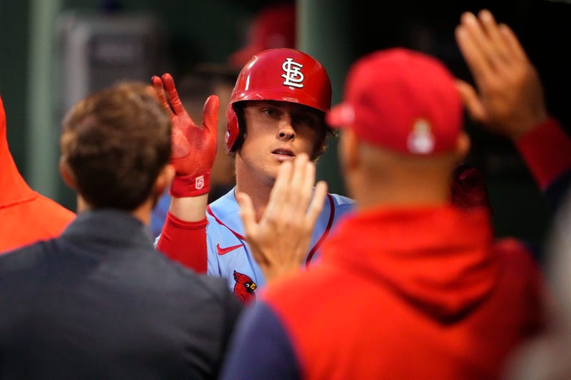 St. Louis Cardinals designated hitter Nolan Gorman (16) celebrates with teammates after hitting a home run against the Boston Red Sox during the fourth inning at Fenway Park.