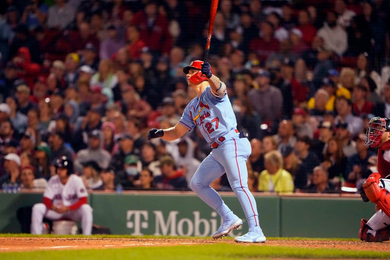 St. Louis Cardinals left fielder Tyler O'Neill (27) watches his home run against the Boston Red Sox during the sixth inning at Fenway Park.