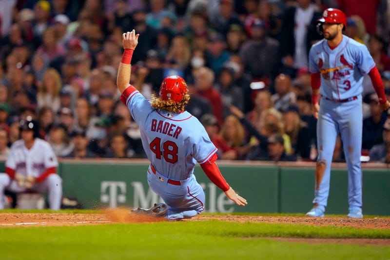 St. Louis Cardinals center fielder Harrison Bader (48) scores a run on a single by shortstop Tommy Edman (not pictured) against the Boston Red Sox during the sixth inning at Fenway Park.