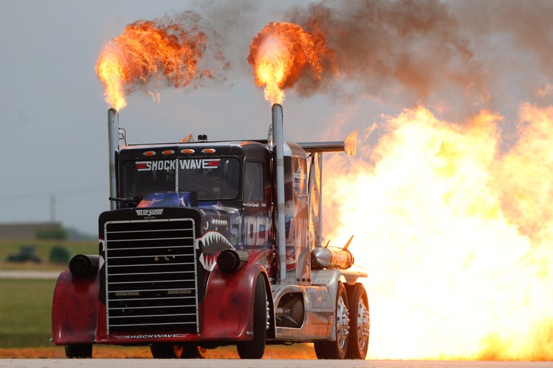 Shockwave, a jet fuled semi truck, shows off its abilities in a demo for a rehearsal of Thunder over the Heartland Friday at Forbes Field