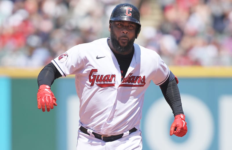 Cleveland Guardians designated hitter Franmil Reyes (32) rounds the bases after hitting a home run during the fourth inning against the New York Yankees at Progressive Field. 