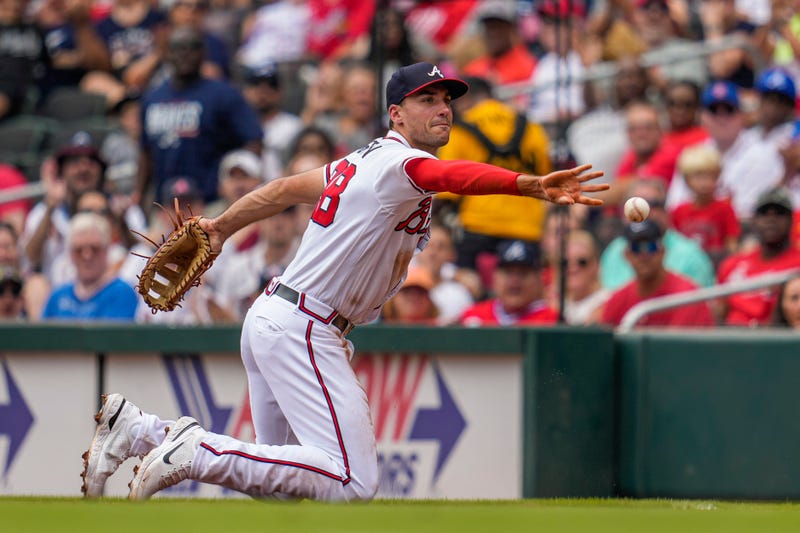 Jul 10, 2022; Cumberland, Georgia, USA; Atlanta Braves first baseman Matt Olson (28) flips the ball to starting pitcher Ian Anderson (36) (not shown) for an out against the Washington Nationals during the second inning at Truist Park.