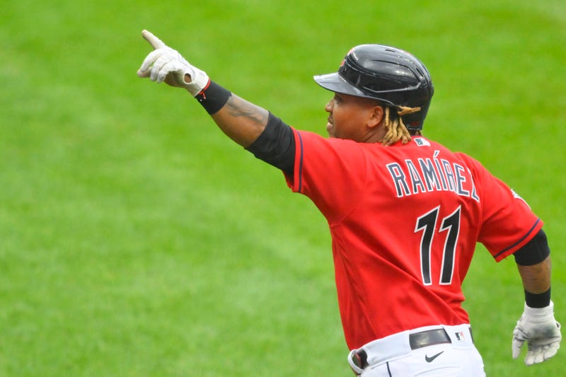 Cleveland Guardians third baseman Jose Ramirez (11) celebrates his three-run home run in the first inning against the Detroit Tigers at Progressive Field. 