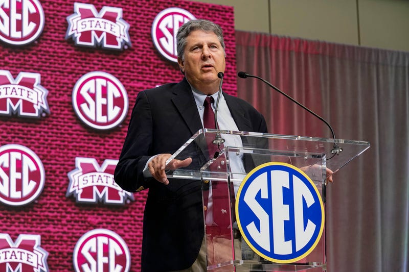 Jul 19, 2022; Atlanta, GA, USA; Mississippi State head coach Mike Leach shown on the stage during SEC Media Days at the College Football Hall of Fame.