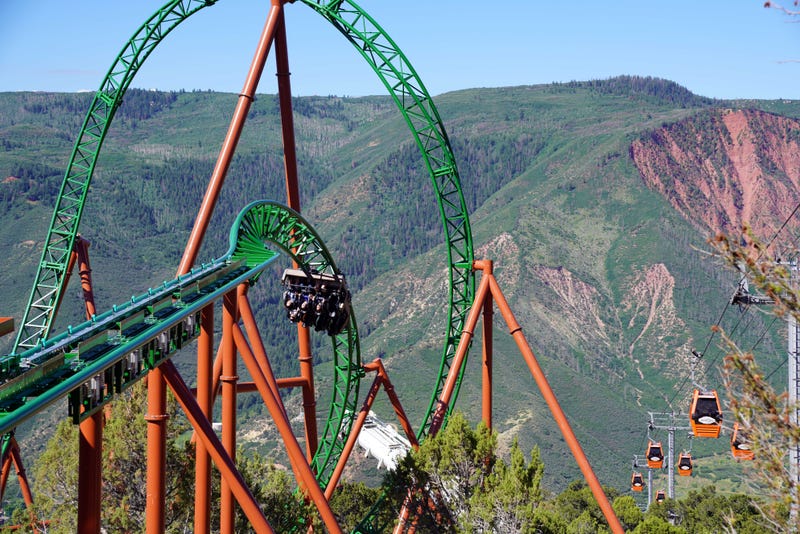 July 7, 2022; Glenwood Springs, CO, USA; Riders experience the new Defiance rollercoaster at Glenwood Caverns Adventure Park in Glenwood Springs, Colorado. Mandatory Credit: Trevor Hughes-USA TODAY