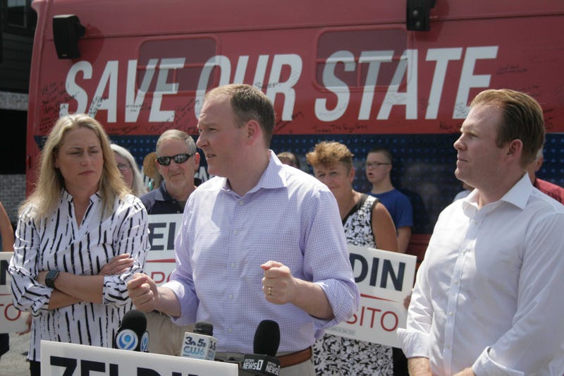 U.S. Rep. Lee Zeldin, the Republican nominee for New York governor speaks at a campaign stop in Jordan on Friday, July 22, 2022.
