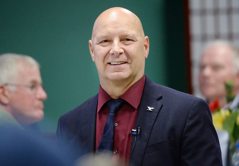 Guest speaker Republican Pennsylvania gubernatorial nominee Doug Mastriano waits to be introduced at the Manufacturer & Business Association's Legislative Luncheon in Erie on Aug. 3, 2022