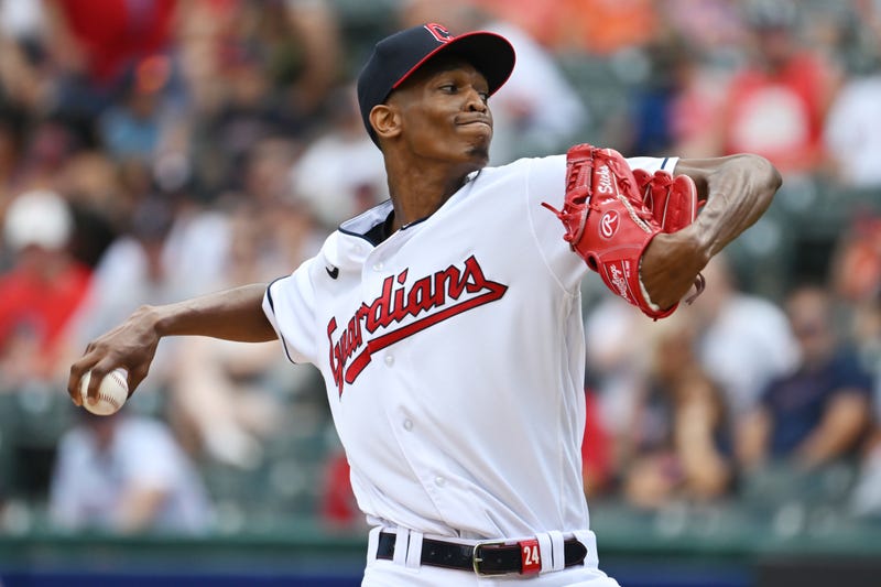 Cleveland Guardians starting pitcher Triston McKenzie (24) throws a pitch during the first inning against the Houston Astros at Progressive Field. 