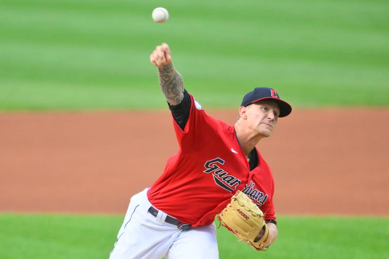 Cleveland Guardians starting pitcher Zach Plesac (34) delivers a pitch in the first inning against the Detroit Tigers at Progressive Field.