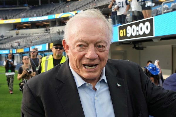Dallas Cowboys owner Jerry Jones reacts before the game against the Los Angeles Chargers at SoFi Stadium