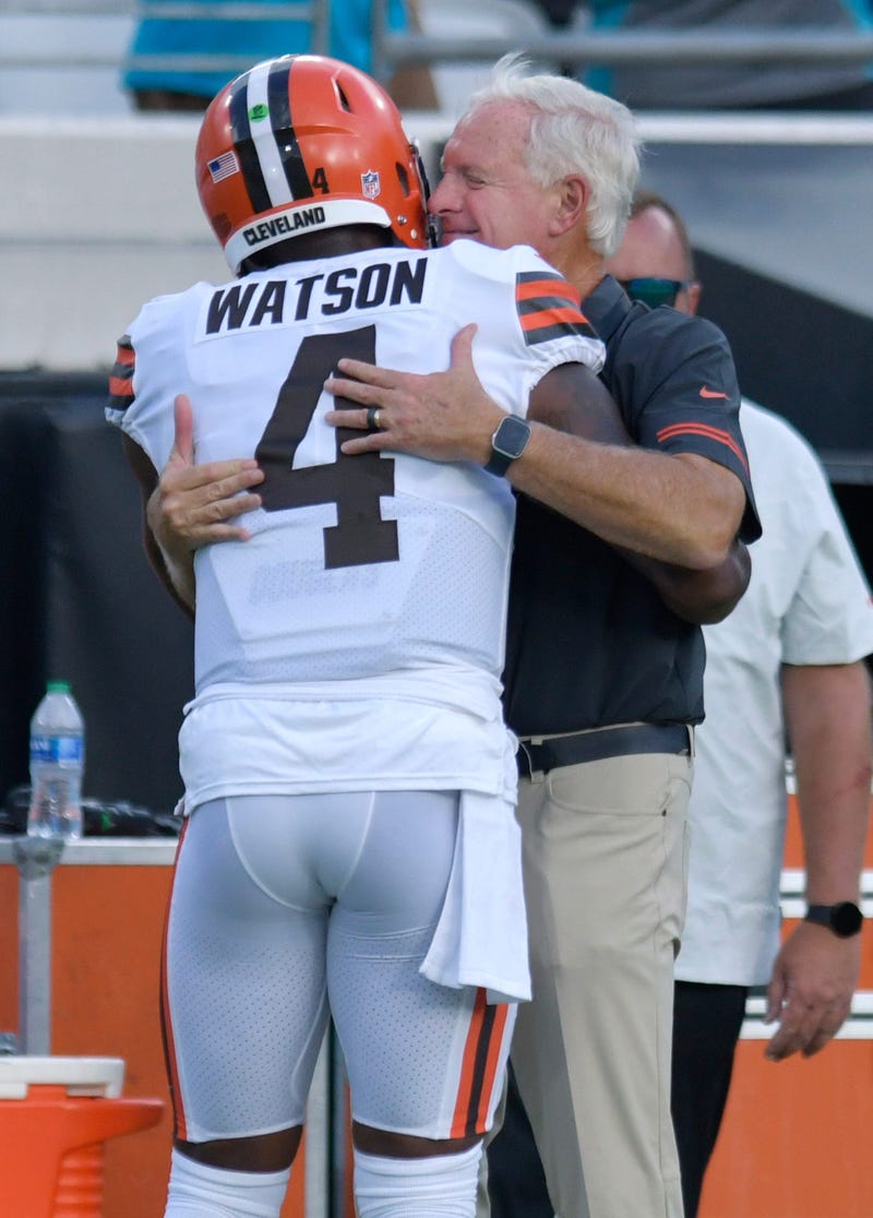 Browns owner Jimmy Haslam hugs quarterback Deshaun Watson before the team's preseason game