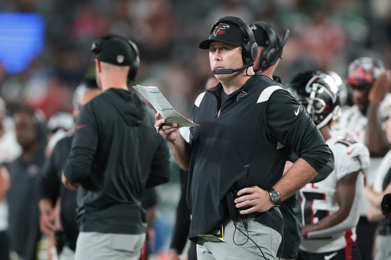 Aug 22, 2022; East Rutherford, New Jersey, USA; Atlanta Falcons head coach Arthur Smith looks on against the New York Jets during the first half at MetLife Stadium.