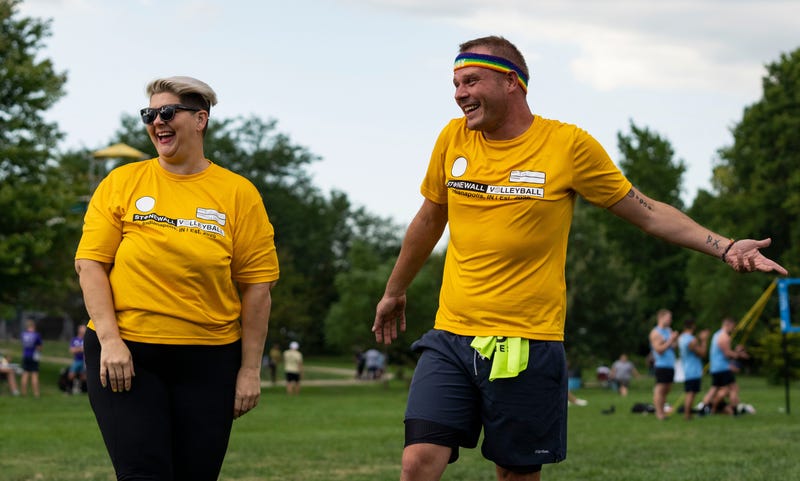 From left: Tiffany Barron and Tim Jackson smile during a volleyball game in Indianapolis in 2022.