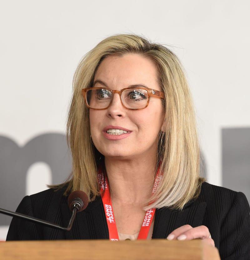 Reno mayor Hillary Schieve speaks during the MoreRNO initiative event at the Reno-Tahoe International Airport on April 6, 2022