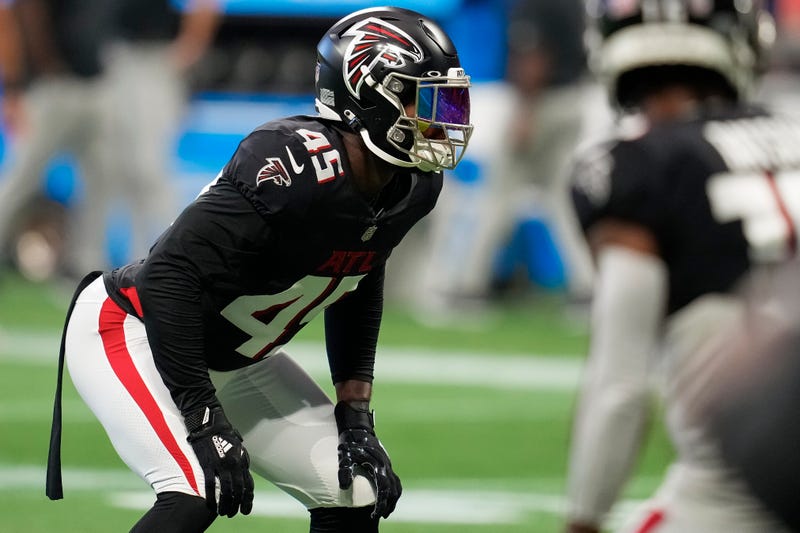 Aug 27, 2022; Atlanta, Georgia, USA; Atlanta Falcons linebacker Deion Jones (45) on the field prior to the game against the Jacksonville Jaguars at Mercedes-Benz Stadium.