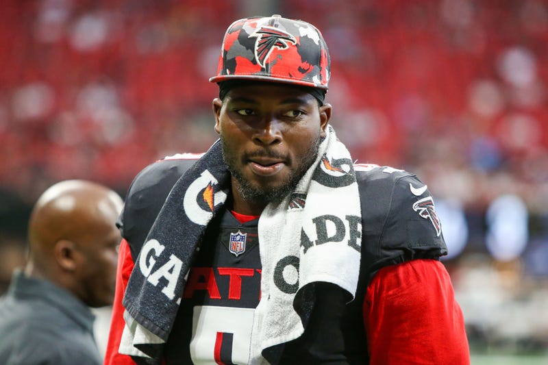 Aug 27, 2022; Atlanta, Georgia, USA; Atlanta Falcons linebacker Lorenzo Carter (9) on the sideline against the Jacksonville Jaguars in the first half at Mercedes-Benz Stadium.