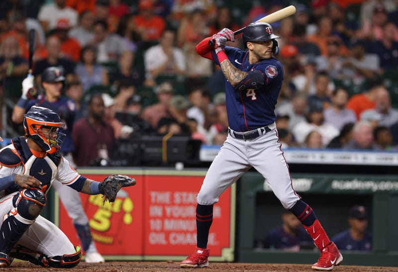 Minnesota Twins shortstop Carlos Correa (4) bats against the Houston Astros at Minute Maid Park in 2022.