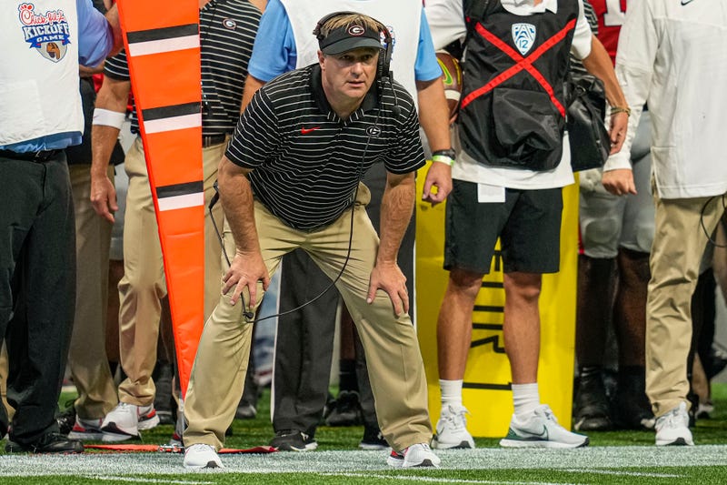 Sep 3, 2022; Atlanta, Georgia, USA; Georgia Bulldogs head coach Kirby Smart follows the action against the Oregon Ducks during the second half at Mercedes-Benz Stadium.